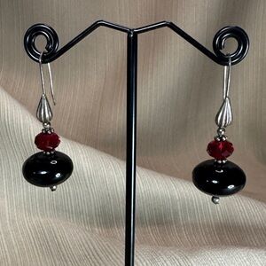 Chic Black Lampwork and Red Swarovski Crystal Beaded Earrings with Silver Accent